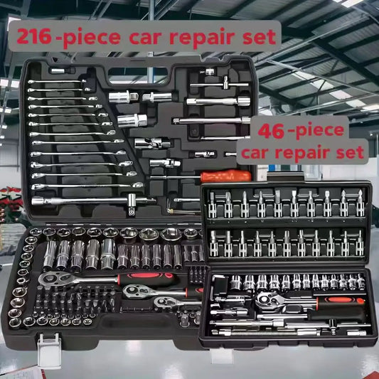216/46 sets of mechanical tool sets, including 1/2", 1/4" and 3/8" drive SAE and metric sizes, ratchet wrench, multi-function sc