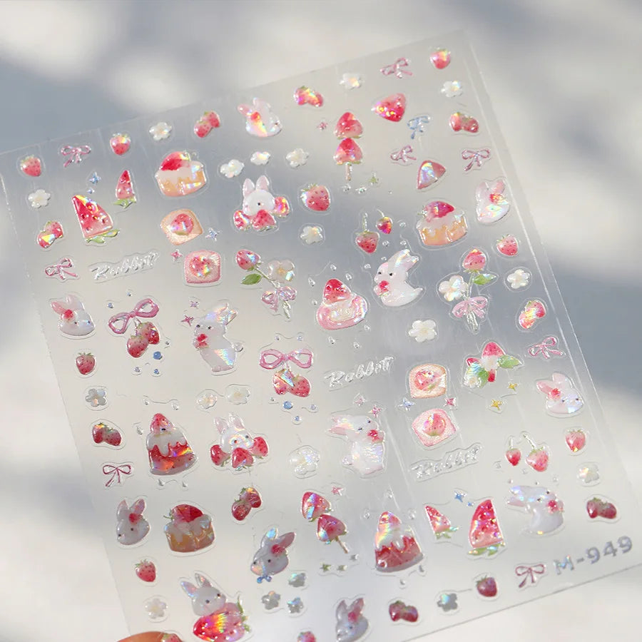 Fresh Sweet Fruits Strawberry Cherry Bowknot Love Heart Lemon 5D Nail Art Stickers Self Adhesive Decorations Nail Manicure Decal