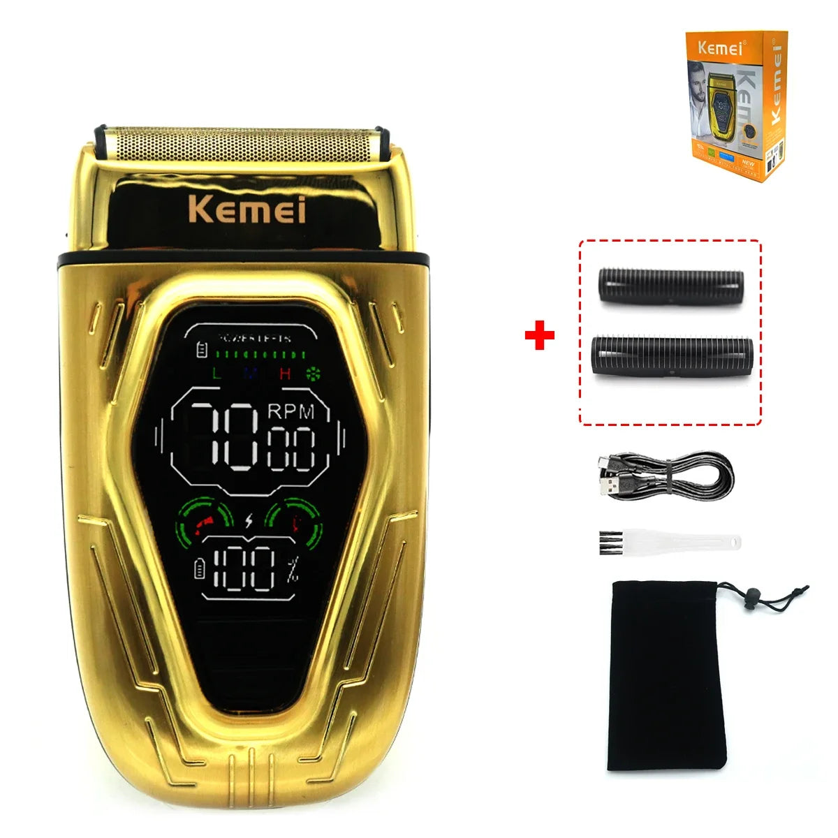 Kemei KM-T360 Professional Electric Shaver – 9W Double Foil, LED Display, Full Metal Body