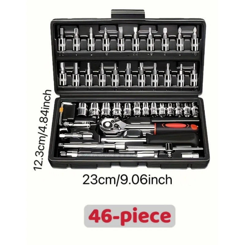 216/46 sets of mechanical tool sets, including 1/2", 1/4" and 3/8" drive SAE and metric sizes, ratchet wrench, multi-function sc