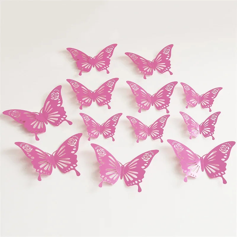 12Pcs Butterfly Decoration Wall Stickers Black Red Pink Blue Hollow 3D Butterflies Kids Room Home Cake Wedding Party Decoration