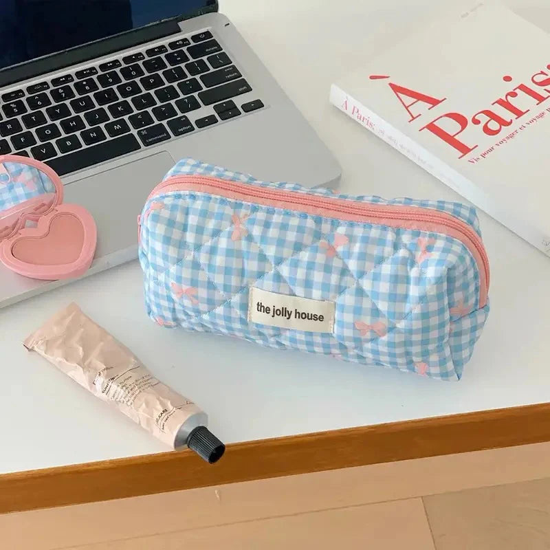 3 Type Quilting Cosmetic Bag Ladies Large Capacity Travel Organizer Washbag Cute Bow Knot Pattern Make Up Zipper Storage Bag