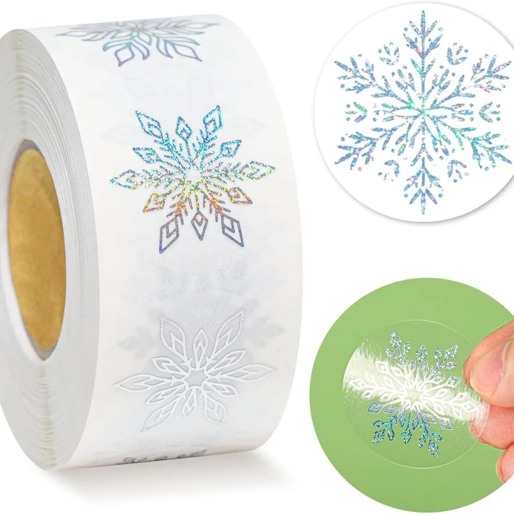 500pcs/Roll Golden Snowflake Christmas Stickers Transparent Self-Adhesive Decoration Holiday DIY Crafts Scrapbooking Supplies