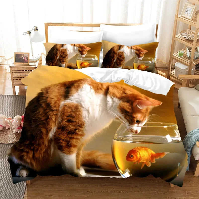 3D Cute Cat Print Bedding Set Lovely Animal Duvet Cover Microfiber Pet Quilt Cover With Pillowcases Twin Full For Kid Teen Girls