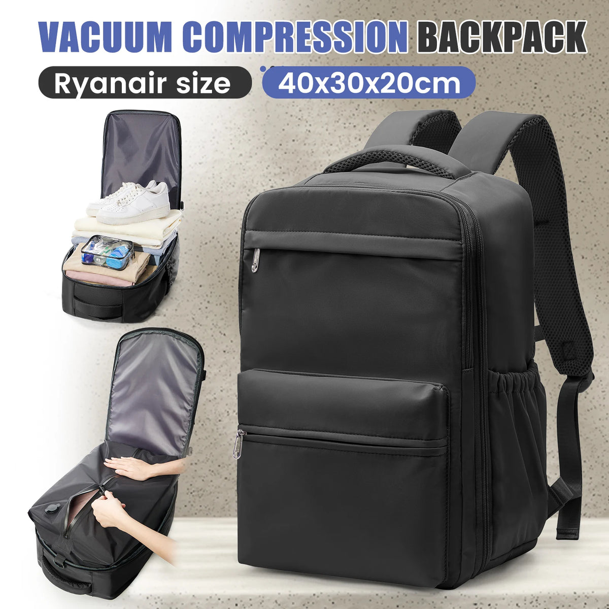 Ryanair 40x30x20 Travel Backpack Vacuum Compression Backpack with Pump,  Wizzair Cabin Bag 15.6" Laptop Travel Bag，Storage Bag