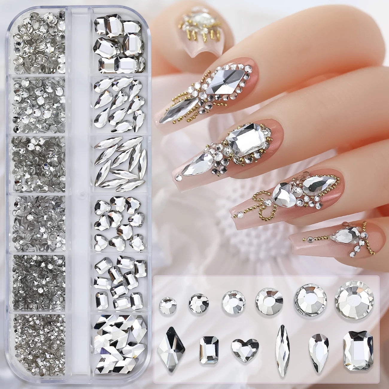 Nail Art Rhinestones Kit 2400pcs Nail Gems Ab Flatback Rhinestones Gems Stones with Storage Organizer for Design Bright Holiday