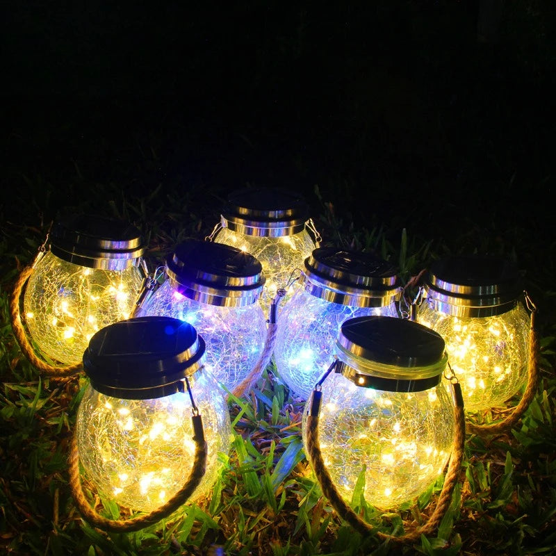 Solar Outdoor Lights Set: Garden Crack/Hanging Bottle Lights Xmas Mason Decor