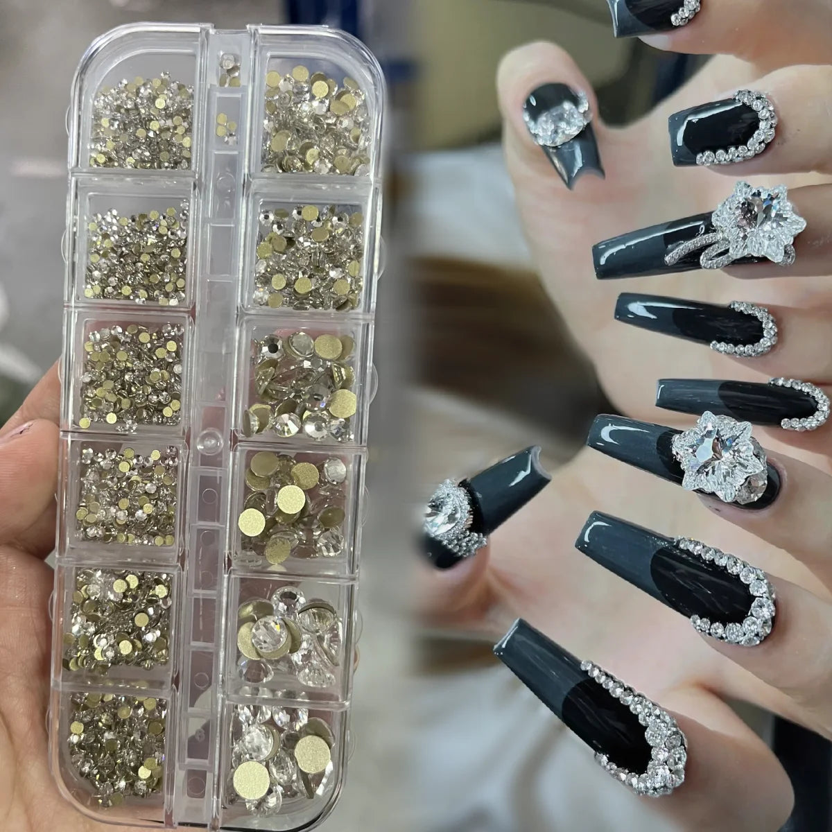 Nail Art Rhinestones Kit 2400pcs Nail Gems Ab Flatback Rhinestones Gems Stones with Storage Organizer for Design Bright Holiday