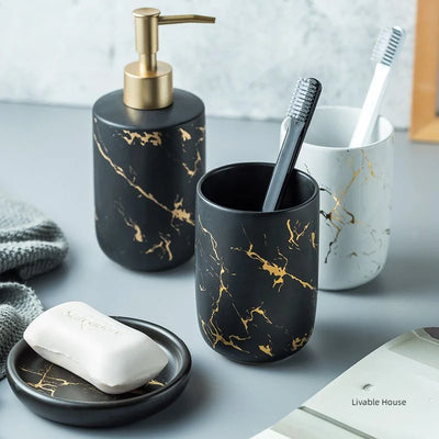 Marble-Look Soap Dispenser & Mouthwash Cup Set