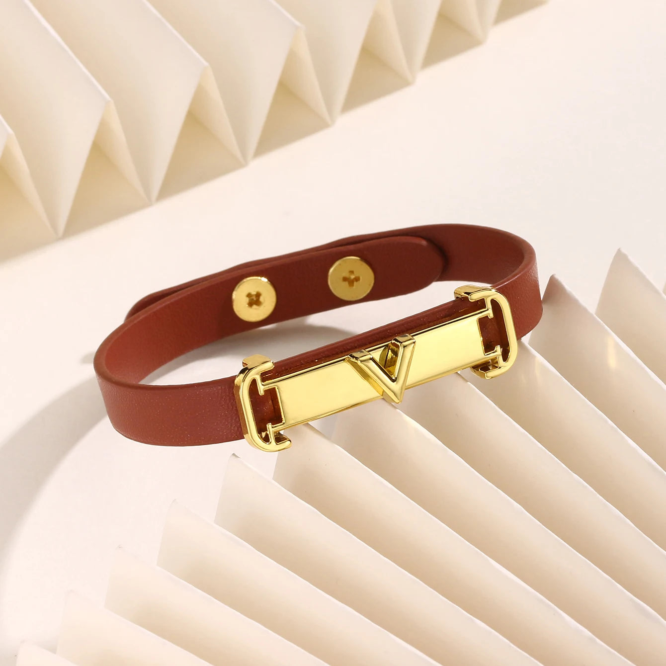 Minimal Geometric Leather Bracelet with Gold-Tone Metal Clasp Adjustable Fashion Wristband for Women Simple Design  Daily Wear