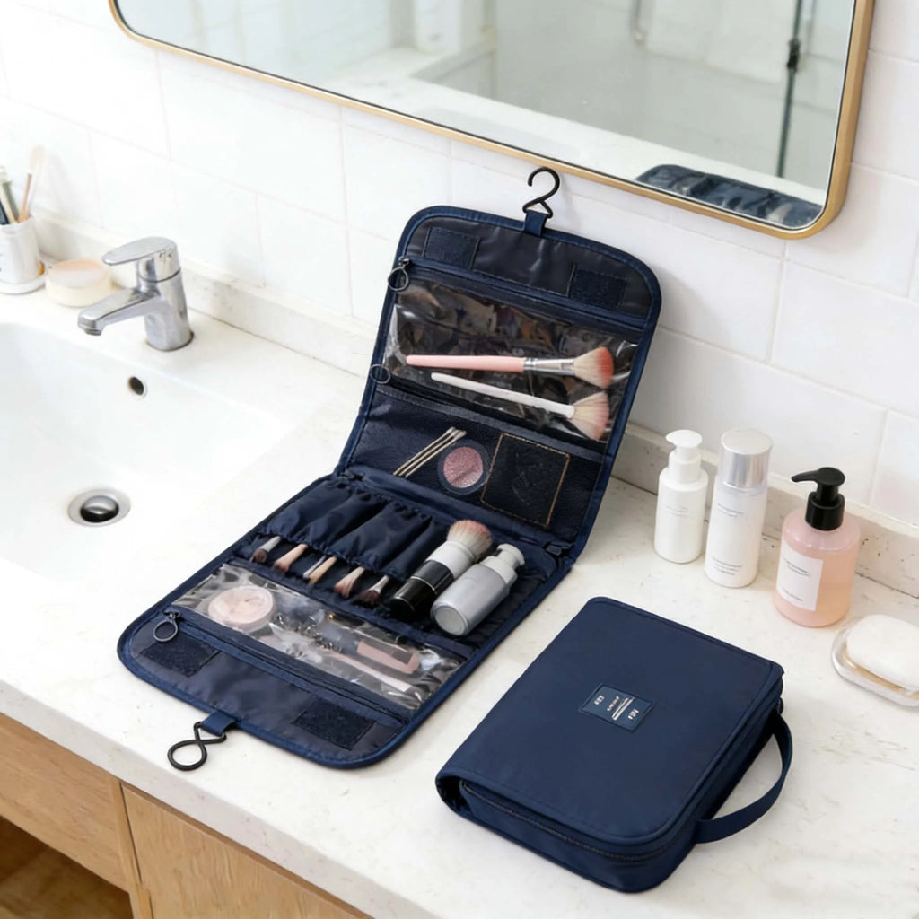 Premium Waterproof Travel Makeup Bag for Women – Hanging Toiletry Organizer with Hook, Spacious Bathroom Wash Pouch & Dry-Wet Se