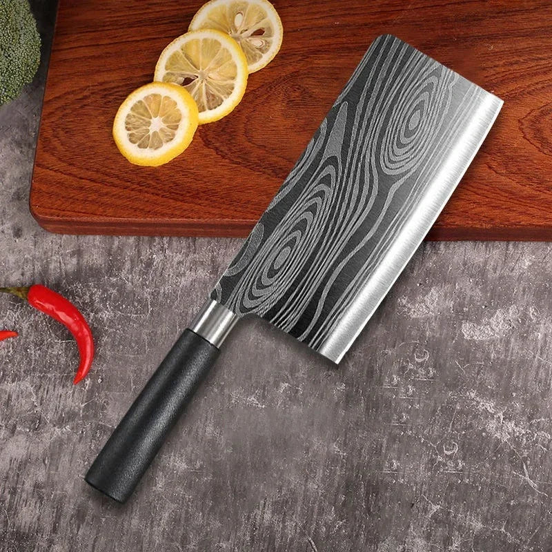 Utility Stainless Steel Sharp Slicing Chef Knife Kitchen Knives Scissors Sharpening Rod Set Laser Damascus Pattern Cooking Tool