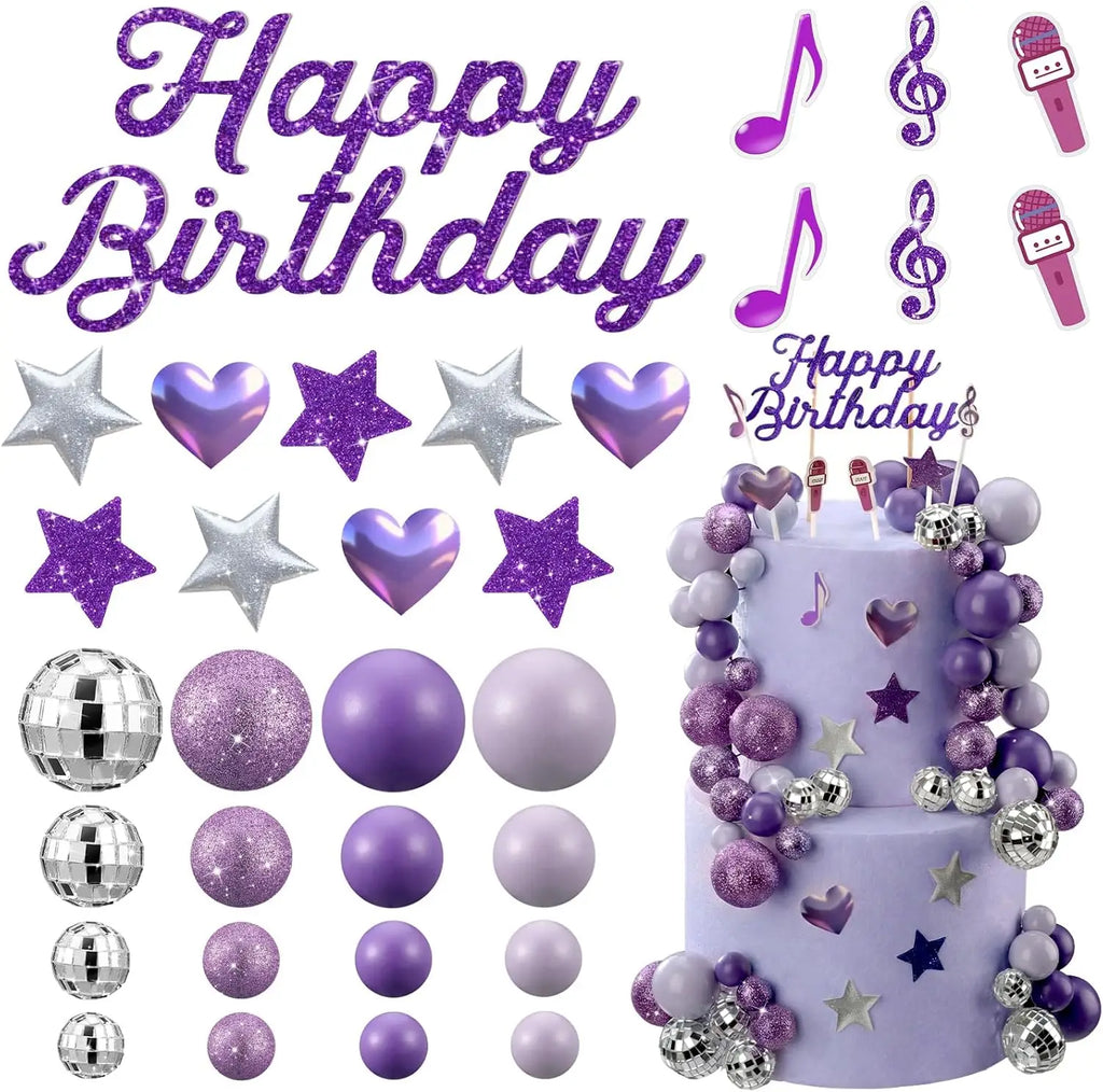 Complete K-Pop Party Cake Topper: Purple Disco Balls, Mic, Hearts & “Happy Birthday” – Music Theme Decor