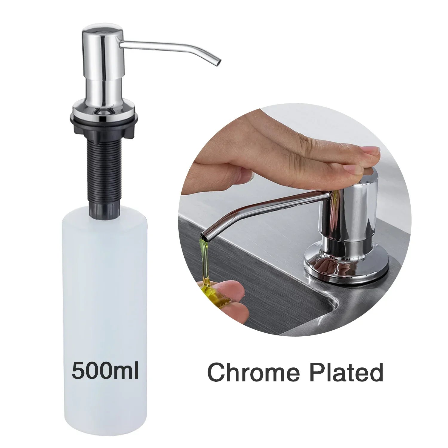Liquid Soap Dispensers Stainless Steel Pump Head with 500ML PE Bottle Build in Dispenser Soap for Kitchen Accessories