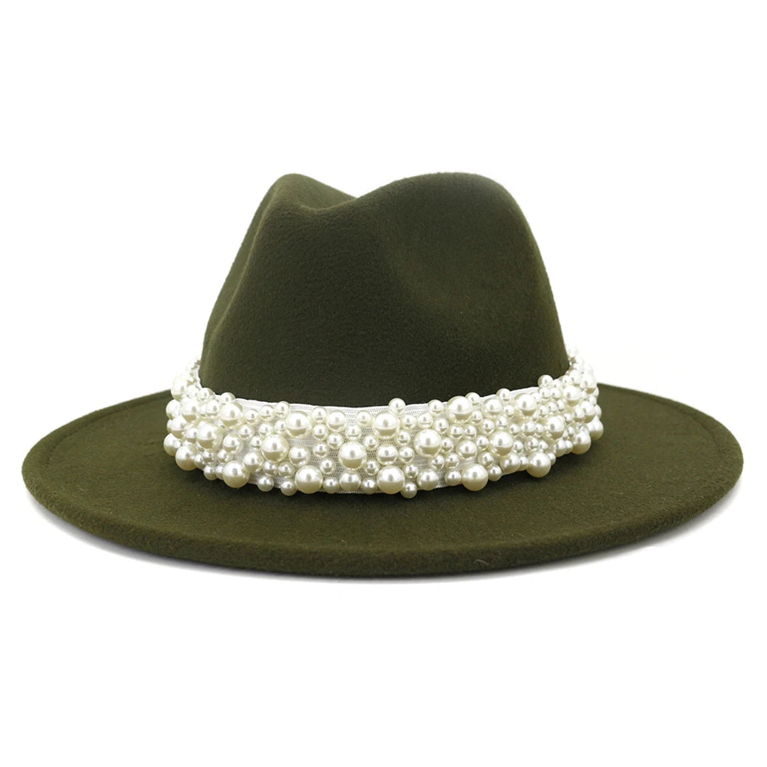 Fedora Hats for Women Wool Felt Panama Hat with Pearl Band Wide Brim Felt Hat Classic Trilby Jazz Hat Church Hats Women Elegant