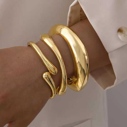 Minimalist Gold Color Chunky Cuff Bangle For Women Fashion Elegant WaterProof Design Open Bracelet Retro Jewelry Accessories