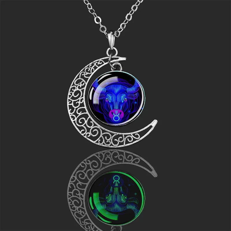 Luminous 12 Constellations Zodiac Signs Necklaces Crescent Moon Pendant Chains Necklace for Women and Men Birthday Jewelry Gifts