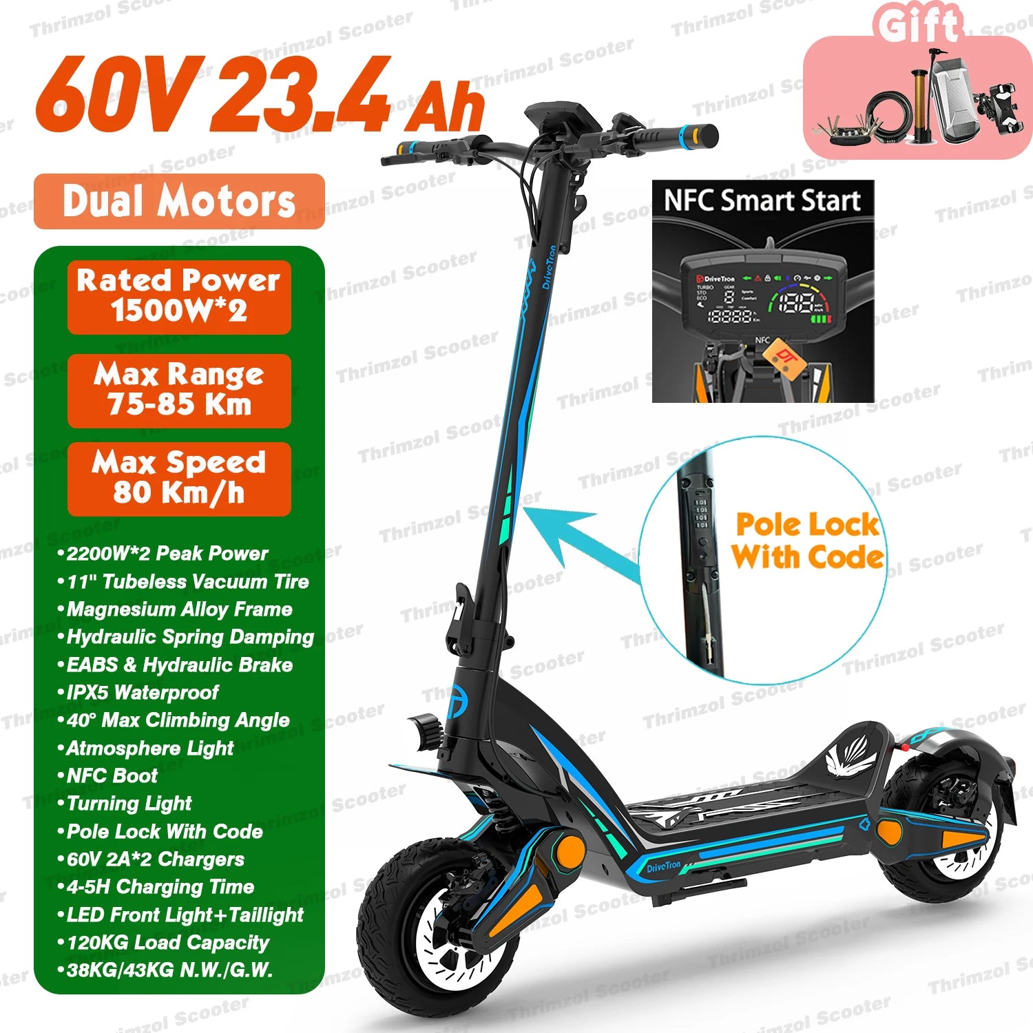 Dropshipping Dual Motor Electric Scooters For Adult 11" Tire 1500W*2 60V23.4Ah Urban Glide Pole Lock 80 km/h Folding E Scooter
