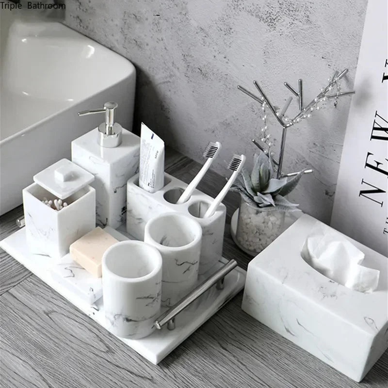 Bathroom Accessory Set, 1pcs Marble Look Bathroom Accessories Sets, Bathroom Toothbrush Holder & Soap Dispenser Set, Home Decor
