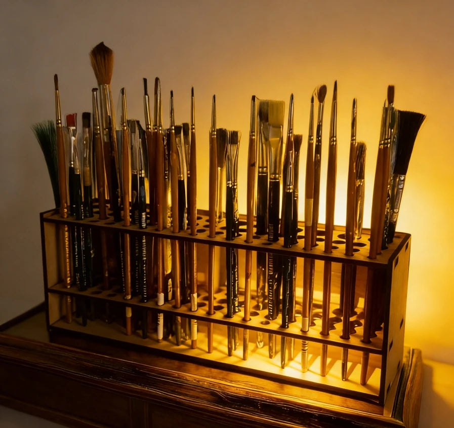 Premium Wooden Brush Holder 67-Slot Double-layer Durable Artist Desk Organizer for Pencil Paint Brushes Storage Art Craft