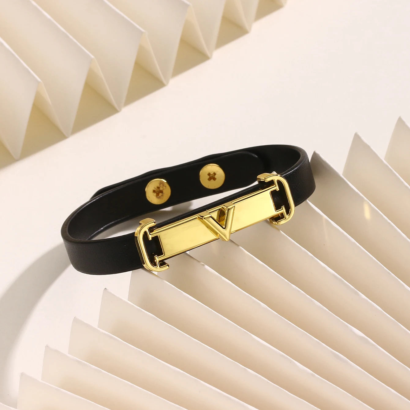 Minimal Geometric Leather Bracelet with Gold-Tone Metal Clasp Adjustable Fashion Wristband for Women Simple Design  Daily Wear