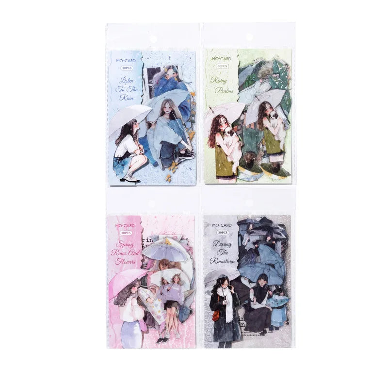 30 Sheets Girl Holding Umbrella in Rain Sticker Pack DIY Handmade Album Scrapbooking Decor Paper Supplies