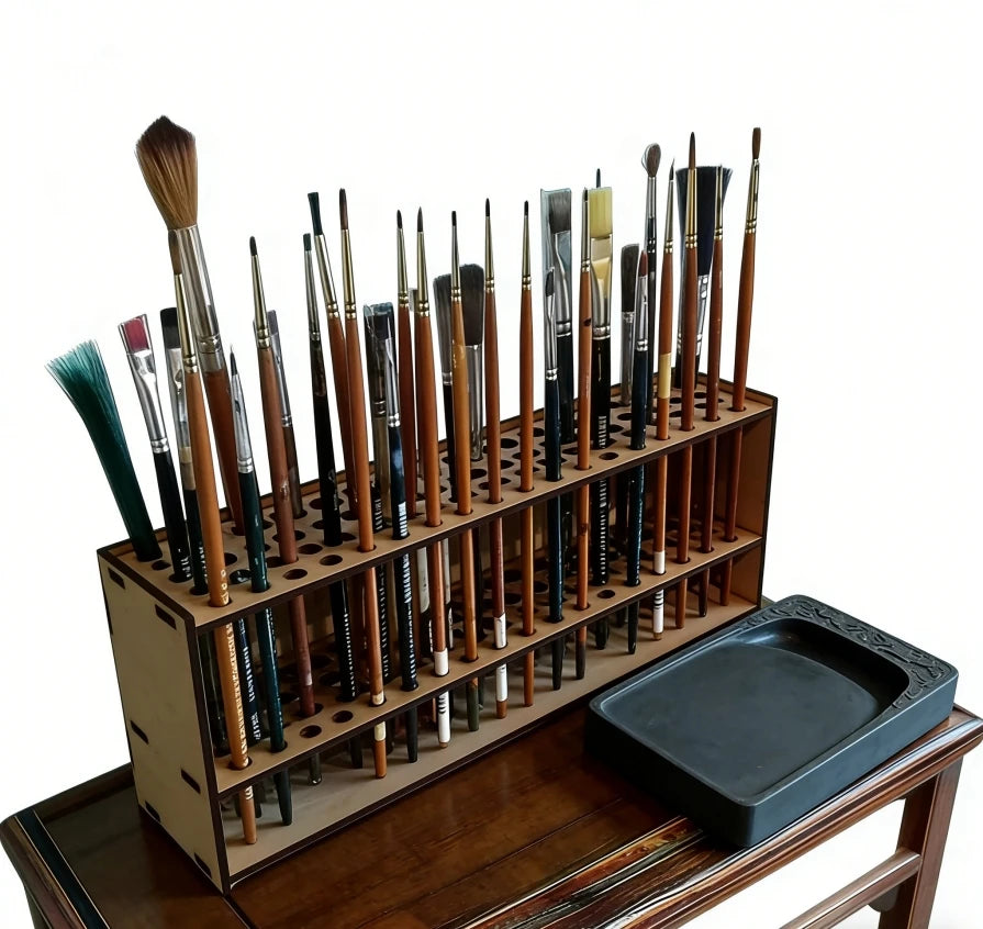 Premium Wooden Brush Holder 67-Slot Double-layer Durable Artist Desk Organizer for Pencil Paint Brushes Storage Art Craft