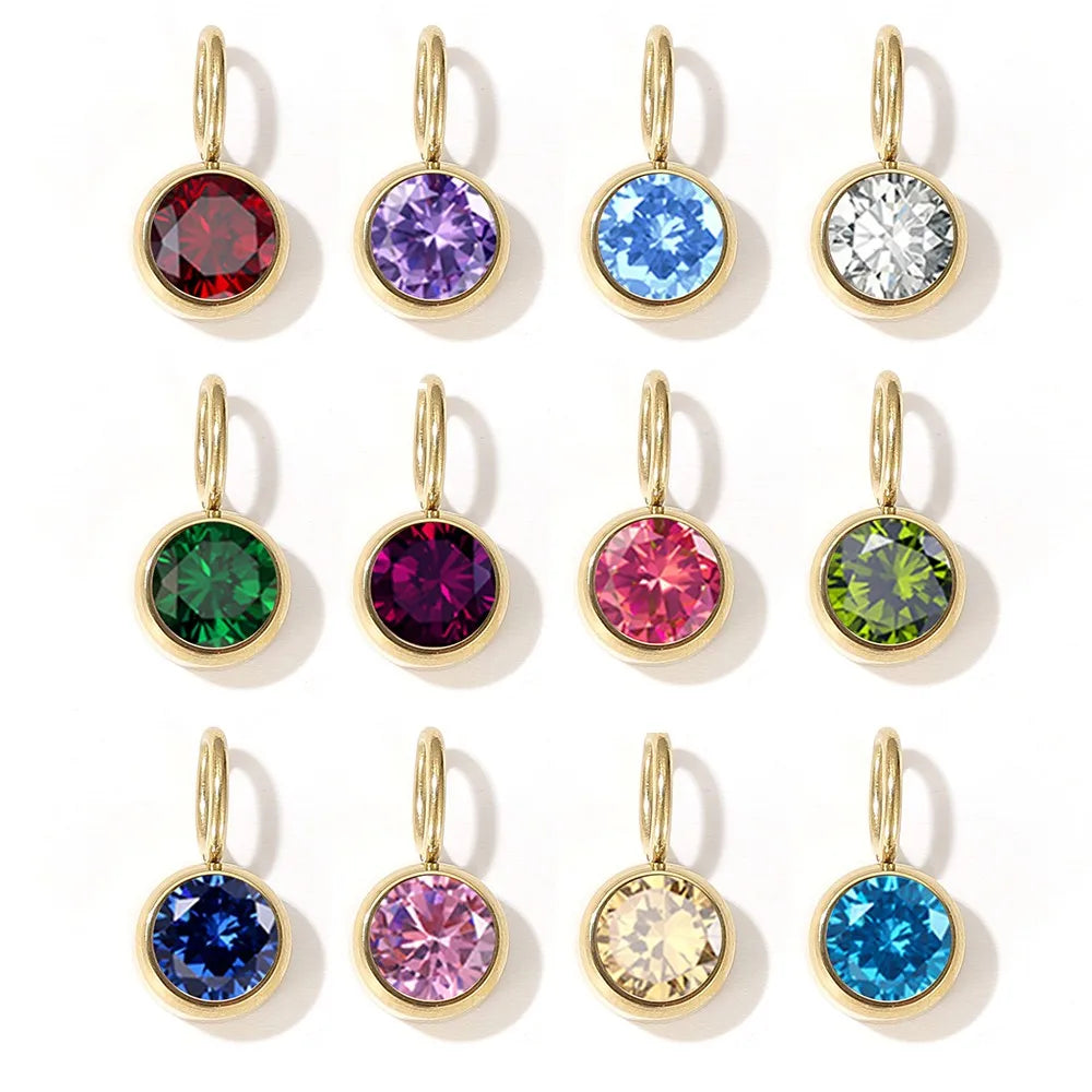 Zirconia Birthstone Pendant 12 Months Color Stone DIY Accessories for Necklace Stainless Steel Jewelry Birthday Gift Wholesale