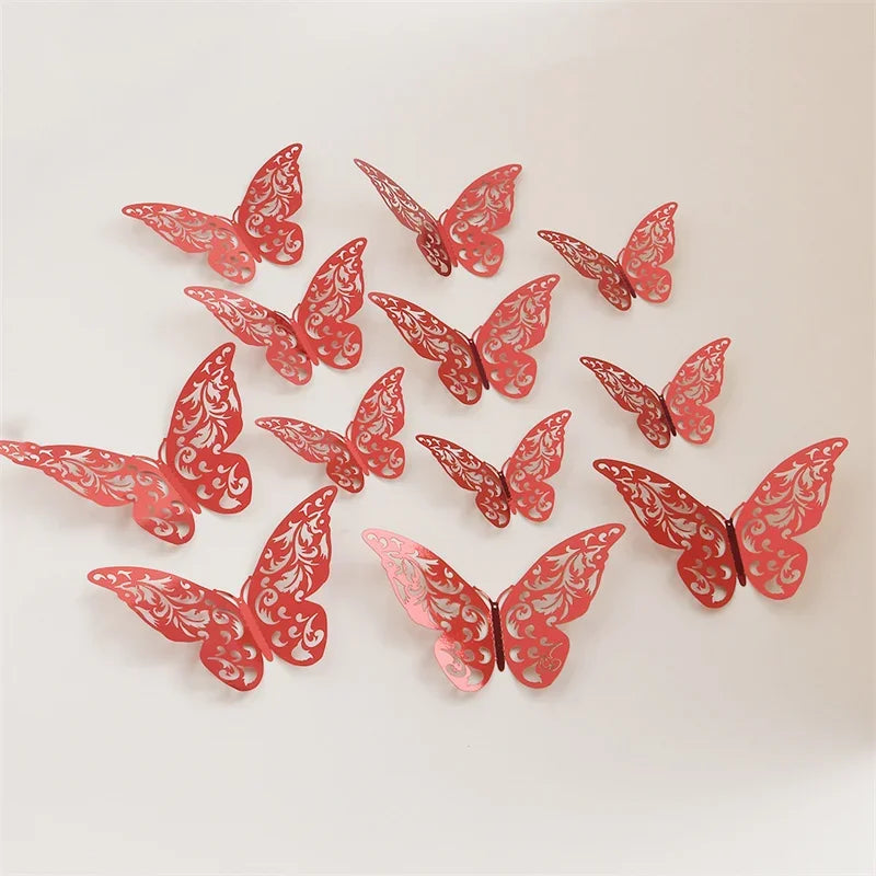 12Pcs Butterfly Decoration Wall Stickers Black Red Pink Blue Hollow 3D Butterflies Kids Room Home Cake Wedding Party Decoration