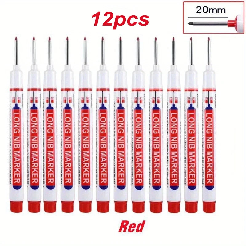 12 Long Nib Markers - Multi-Purpose Red and Black 20mm Deep Hole Markers for Woodworking, DIY Projects and Bathroom Decor
