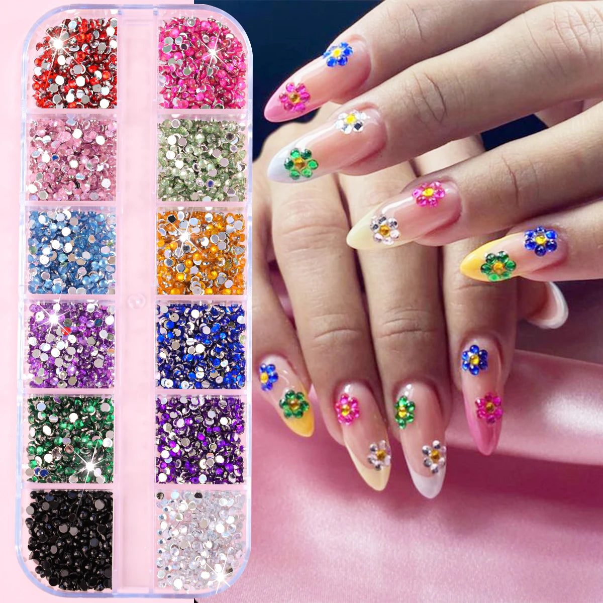 Nail Art Rhinestones Kit 2400pcs Nail Gems Ab Flatback Rhinestones Gems Stones with Storage Organizer for Design Bright Holiday