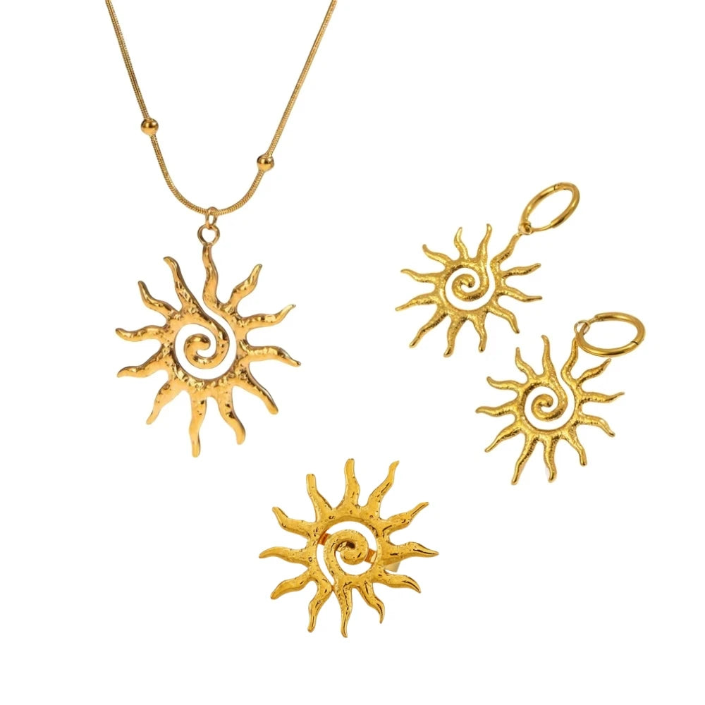 Fashion Vintage Chic Sun Shaped Pendant Necklace Stainless Steel Earrings Y2K Choker Golden Ring Jewlery Accessories Party Gifts