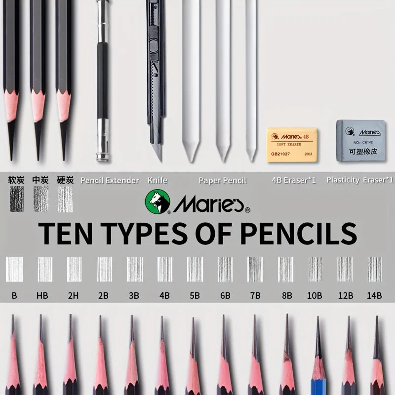 Marie's Pencil Set with Double Layer Box with Charcoal Graphite,Pencils,Erasers,Knife, for Painting,Writing for Adults(23/27pcs)