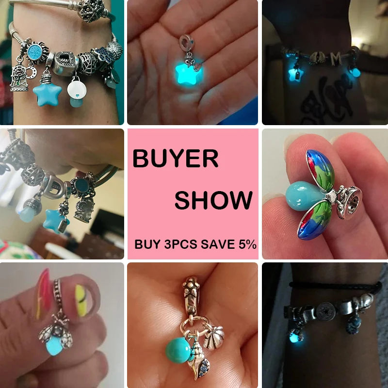 Hot Sale 925 Silver Glow in the dark Firefly Honeybee Star Charms Beads Fit Qikaola 925 Original Bracelets Fine DIY Jewelry Gift