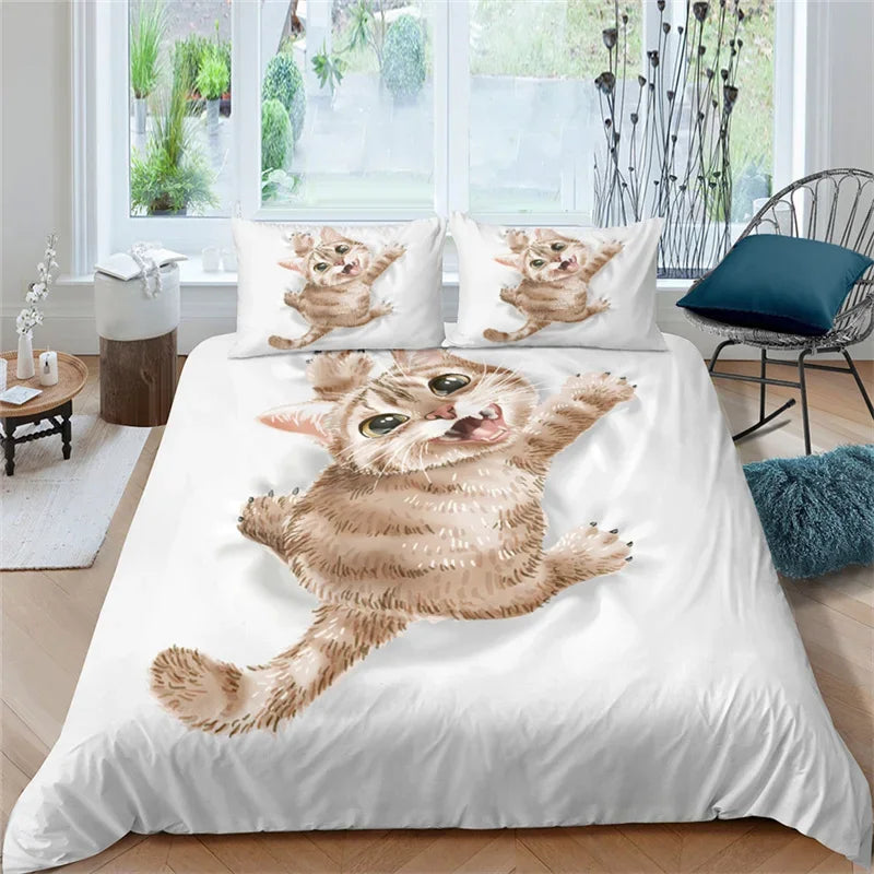 3D Cute Cat Print Bedding Set Lovely Animal Duvet Cover Microfiber Pet Quilt Cover With Pillowcases Twin Full For Kid Teen Girls