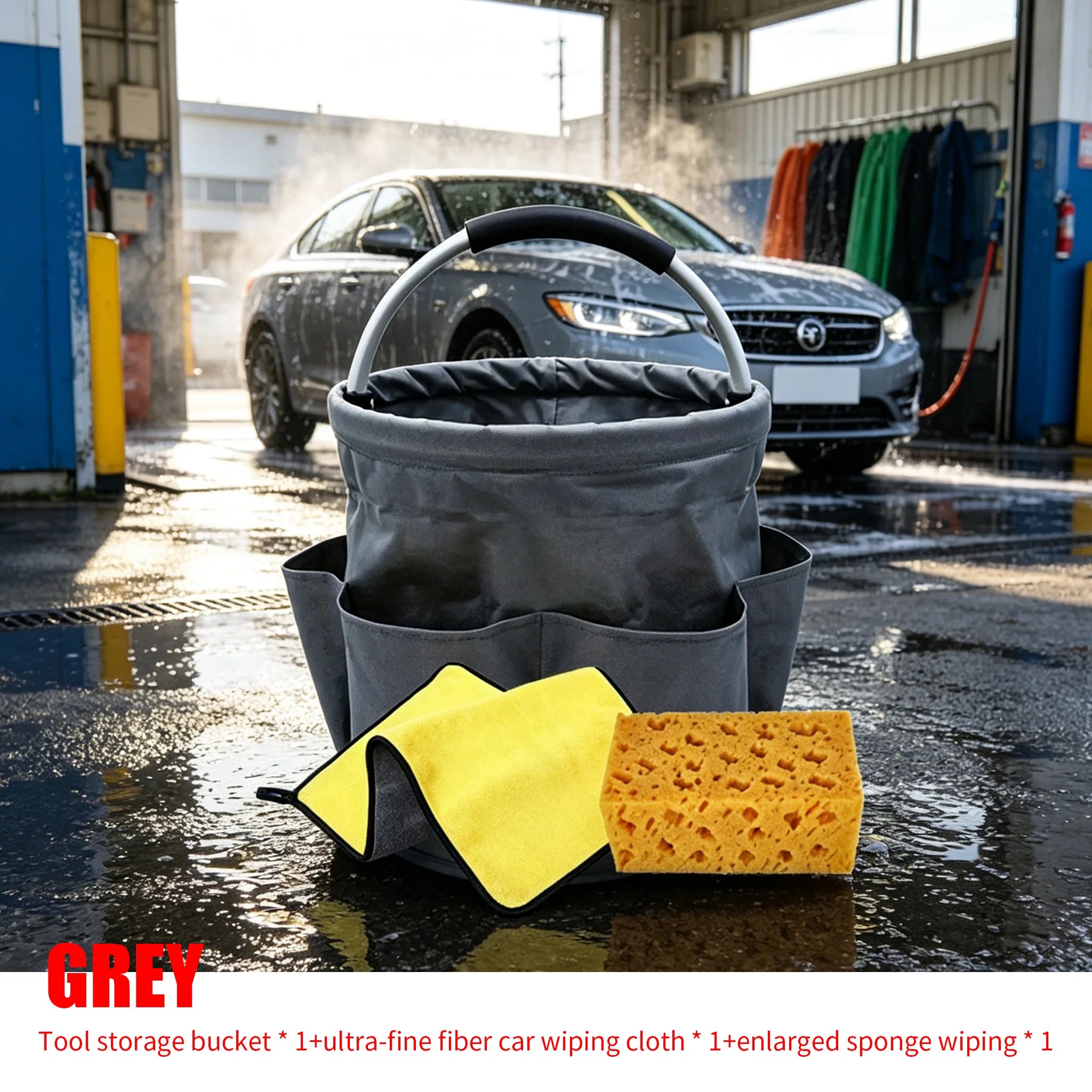1Set Car Wash Kit: Foldable Tool Bucket, Thick Sponge Wipe, Microfiber Absorbent Towel, Household Auto Cleaning Accessory