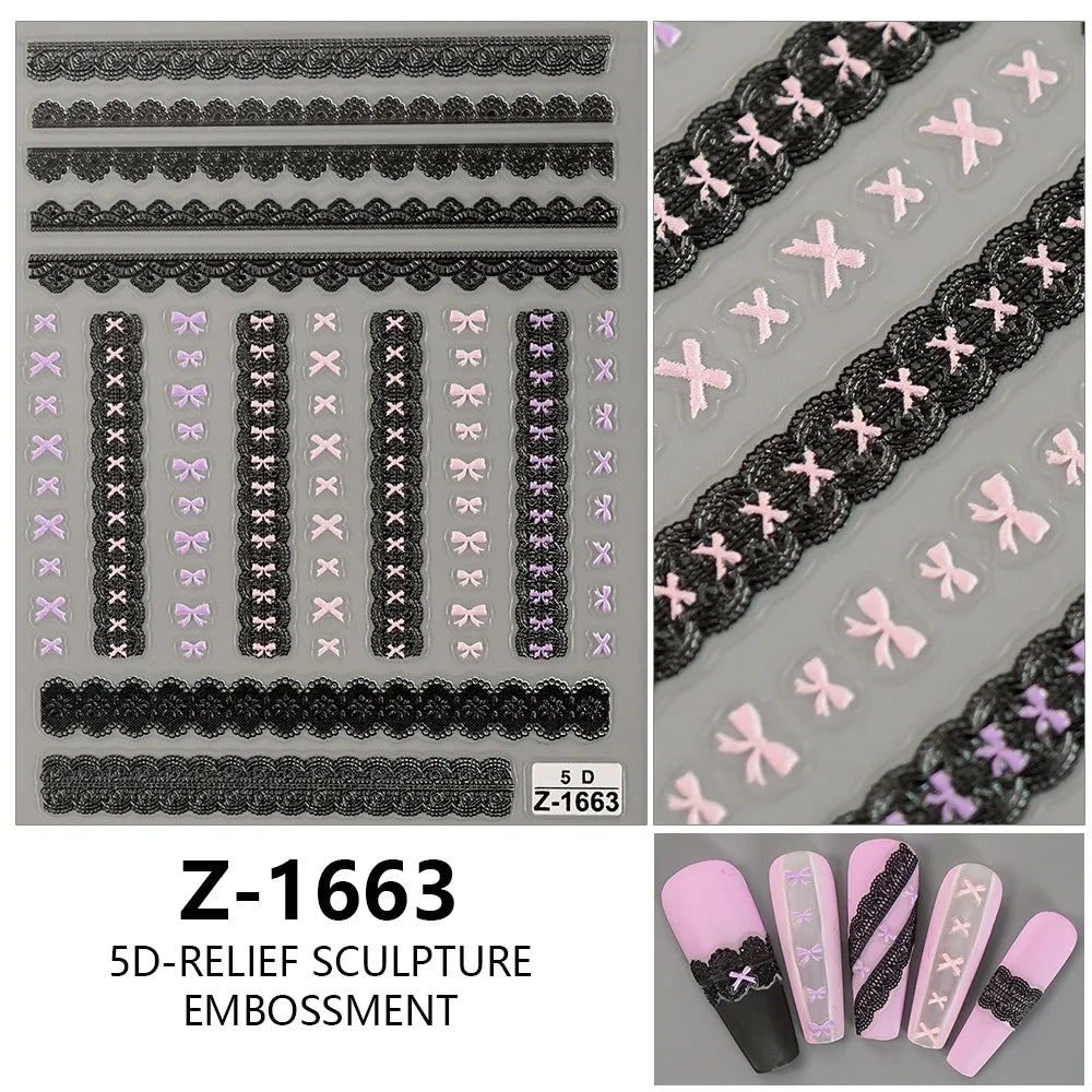 Sweet Pink Bowknot Black Lace Heart Nail Stickers 3D Self Adhesive Nail Art Stickers Manicure Decorations Decals