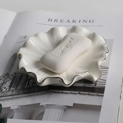 White Ceramic Shell Soap Dish — Gold Rim