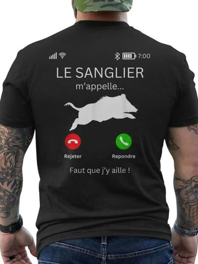 Humorous Hunting T-shirt Black Shirt with Wild Boar Design on The Back Includes French Hunting Breathable Round Neck