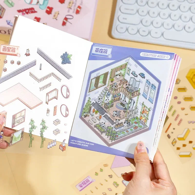6Sences in 1 Book 2.5D Landscape Sticker Cartoon Cabin Scene DIY Sticker Stacking Pasting Festival Birthday Gift for Kid Child
