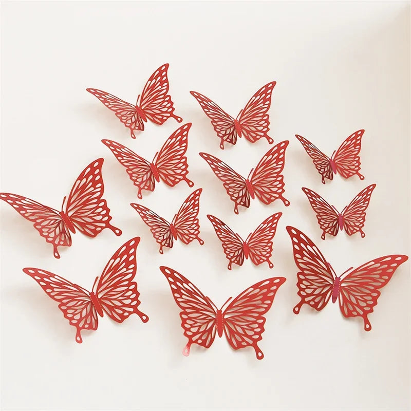 12Pcs Butterfly Decoration Wall Stickers Black Red Pink Blue Hollow 3D Butterflies Kids Room Home Cake Wedding Party Decoration