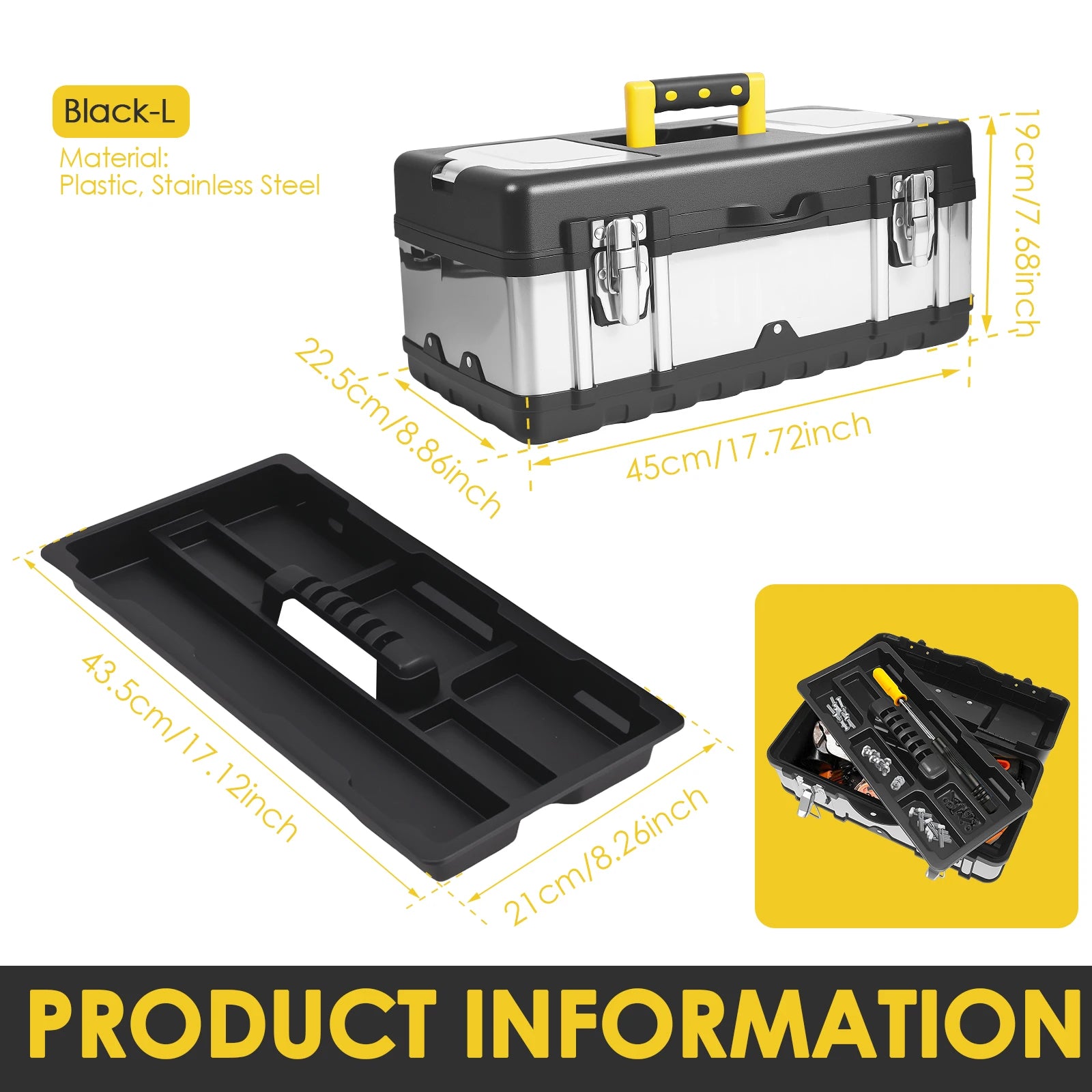 Tool box Stainless Steel Toolbox Suitcase Empty Large Tool Case with Removable Tray Hardware Tool Storage Box Portable Tool Box