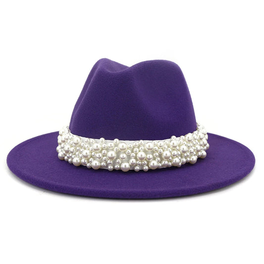 Fedora Hats for Women Wool Felt Panama Hat with Pearl Band Wide Brim Felt Hat Classic Trilby Jazz Hat Church Hats Women Elegant