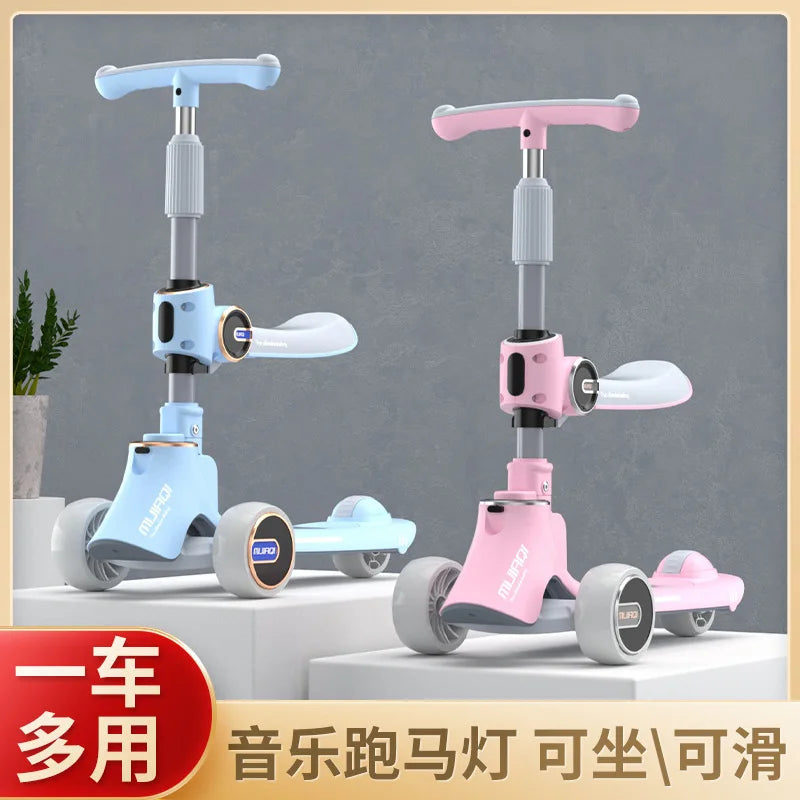 Scooter for children aged 1-3 to 12 years old, three in one for boys, girls, and babies. Can be seated or ridden