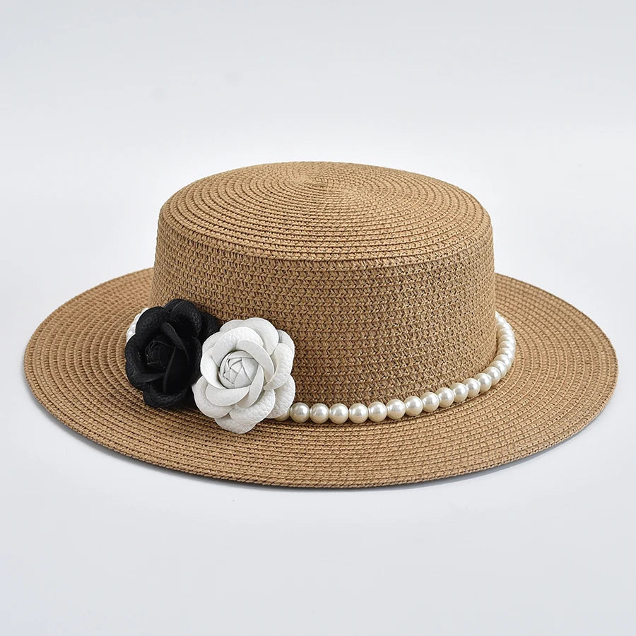 Straw Hats for Women French Style Elegant Holidays Boater Hat Summer Flat Top Beach Sun Hats Gorro