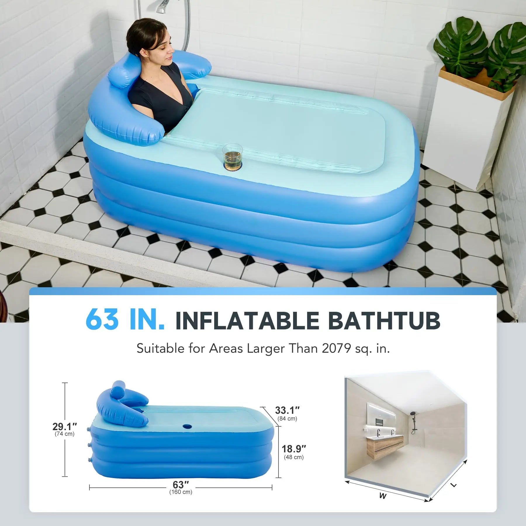 Inflatable Adult Bath Tub, Free-Standing Blow Up Bathtub with Foldable Portable Feature for Adult Spa with Electric Air Pump