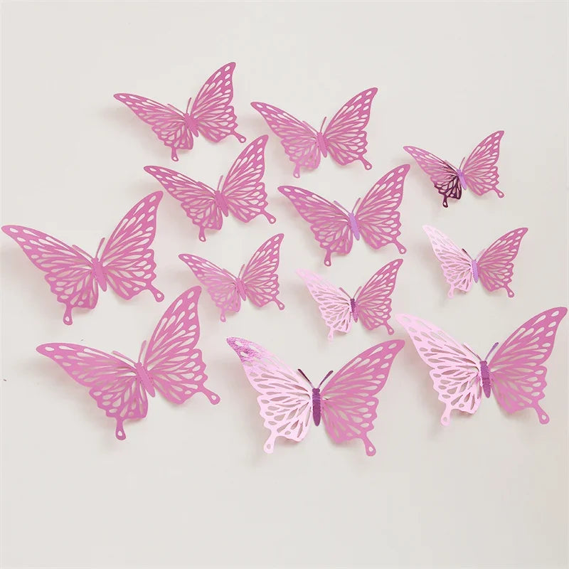 12Pcs Butterfly Decoration Wall Stickers Black Red Pink Blue Hollow 3D Butterflies Kids Room Home Cake Wedding Party Decoration
