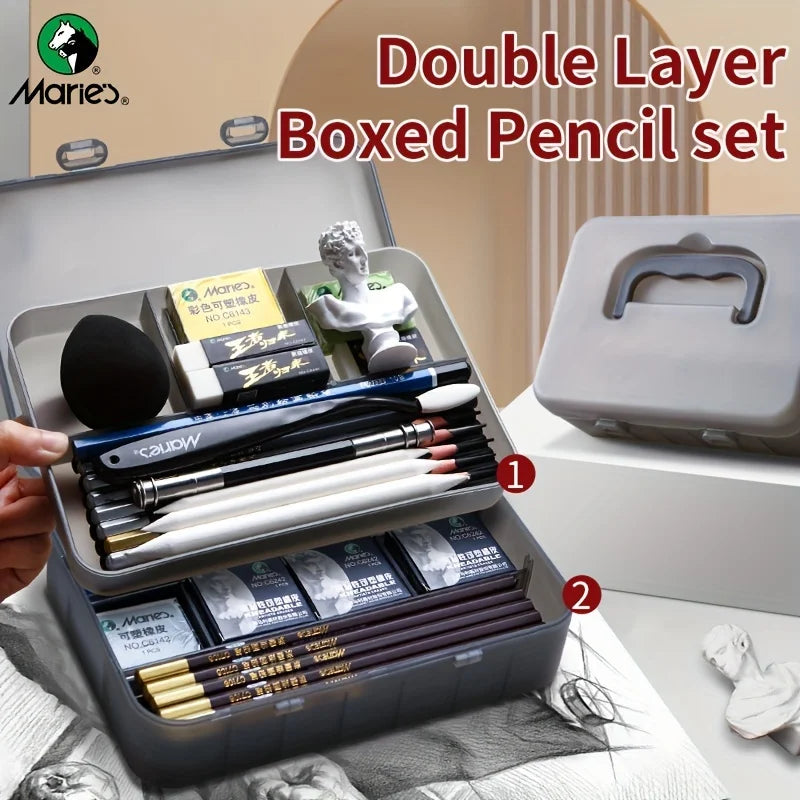 Marie's Pencil Set with Double Layer Box with Charcoal Graphite,Pencils,Erasers,Knife, for Painting,Writing for Adults(23/27pcs)