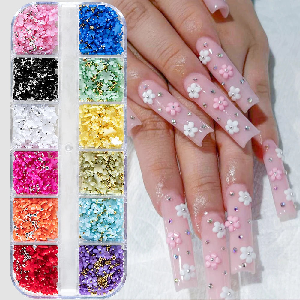 1box 3D Flower Bow Nail Art Decorations Kit Pink/White Acrylic Floral/Peal Beads Nail Charm with Wax Pen/Tweezer 4/6mm Nail Part
