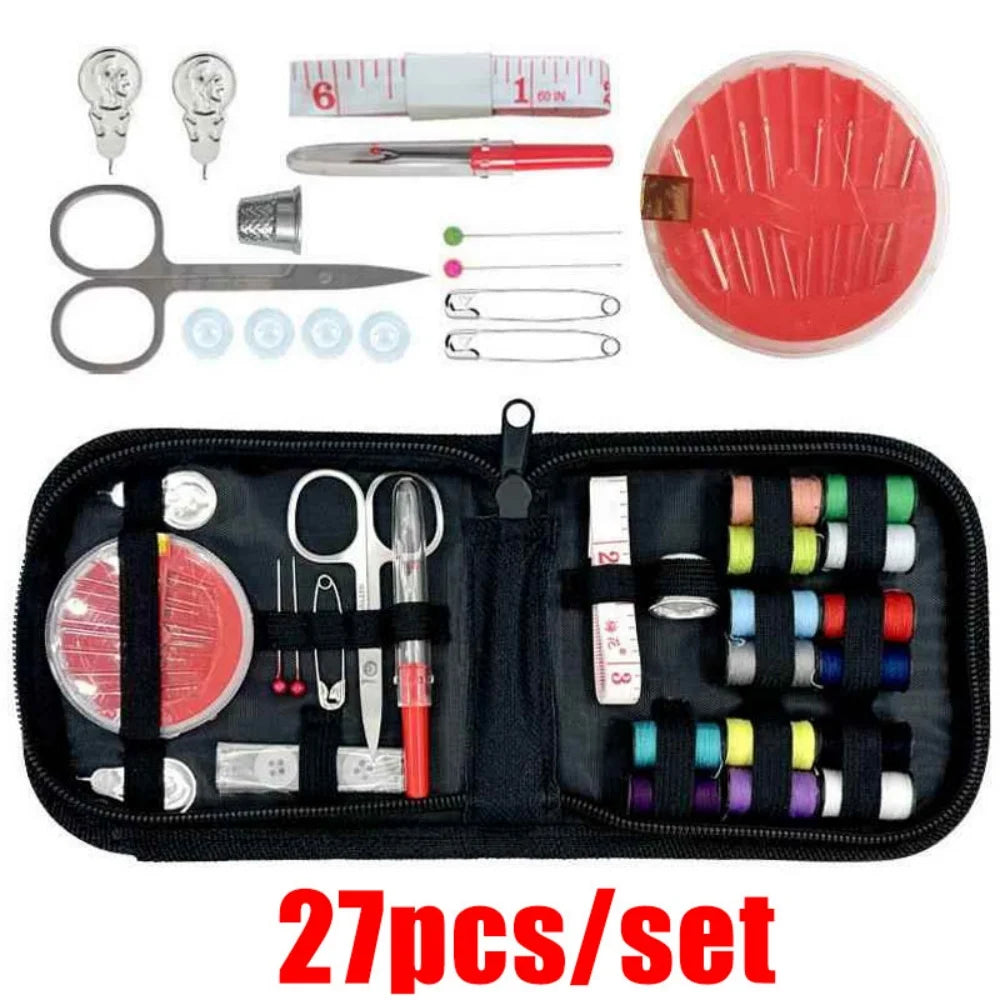 172/27pcs/set Sewing Kit with Threads Needles Scissors Tape Measure Buttons Storage Bag Portable Travel Sewing Box Tools